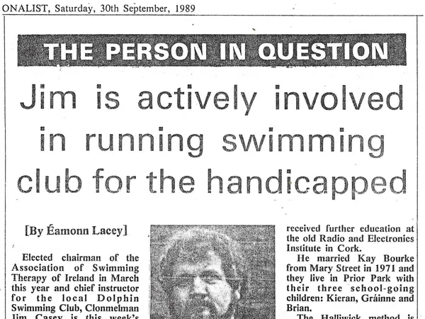 A 1989 newspaper article about Jim Casey's involvement in running an inclusive swimming club in Clonmel