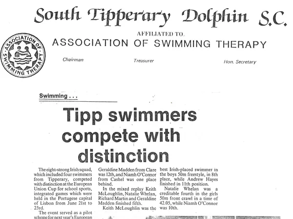 A South Tipperary Dolphin Swimming Club newsletter clipping headlined Tipp swimmers compete with distinction