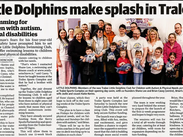 Kerry's Eye newspaper article headlined Little Dolphins make splash in Tralee, with photos from the club's Open Day