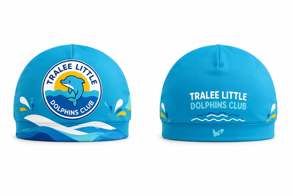Tralee Little Dolphins swim caps in club aqua, shown front and back