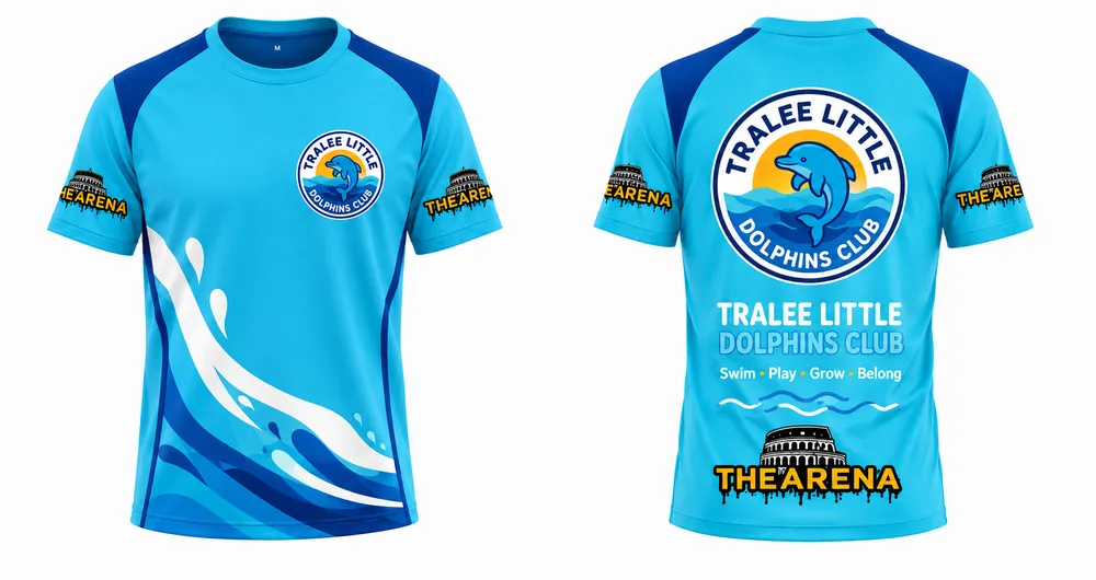 Tralee Little Dolphins t-shirts in aqua and pink, shown front and back