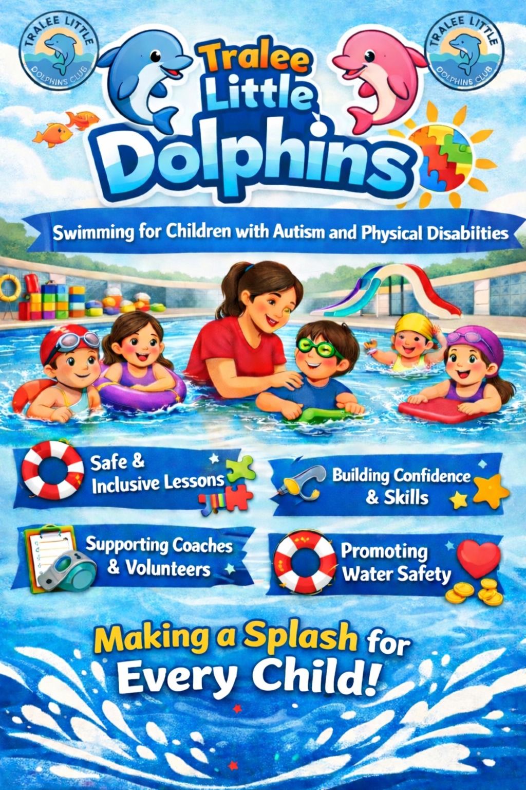 Tralee Little Dolphins promotional poster showing children swimming with dolphins, featuring key values: Safe and Inclusive Lessons, Building Confidence and Skills, Supporting Coaches and Volunteers, and Promoting Water Safety