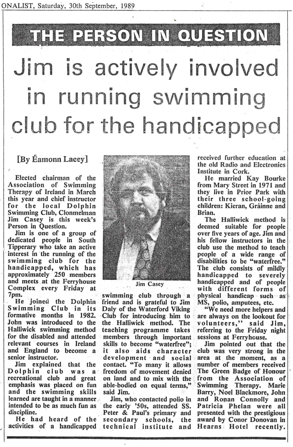 Newspaper article about Jim Casey and the Dolphin Swimming Club in Clonmel